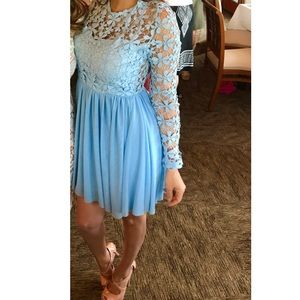 LIGHT BLUE LONG SLEEVE CROCHET SKATER DRESS